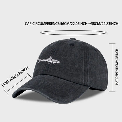 MLFO Shark Embroidered Pre Washed Baseball Cap Summer Wide Brim Cap Spring Casual Cap Outdoor Sun Hat