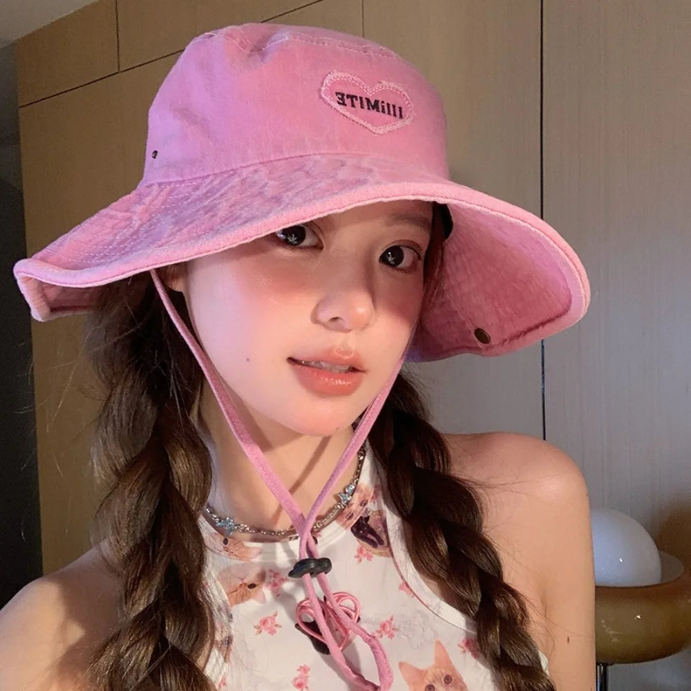Retro UV Protection Bucket Hat Heart Wide Brim Sun Hat