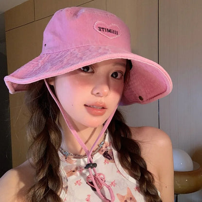 Retro UV Protection Bucket Hat Heart Wide Brim Sun Hat