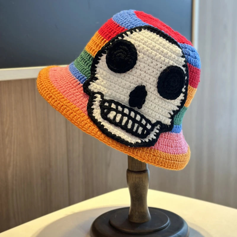 Skeleton Embroidery Fisherman Hat Winter Handmade Crochet Knitted