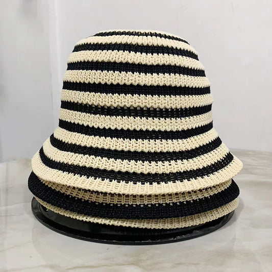Striped Hollow Women Bucket Hat Spring Summer Outdoor