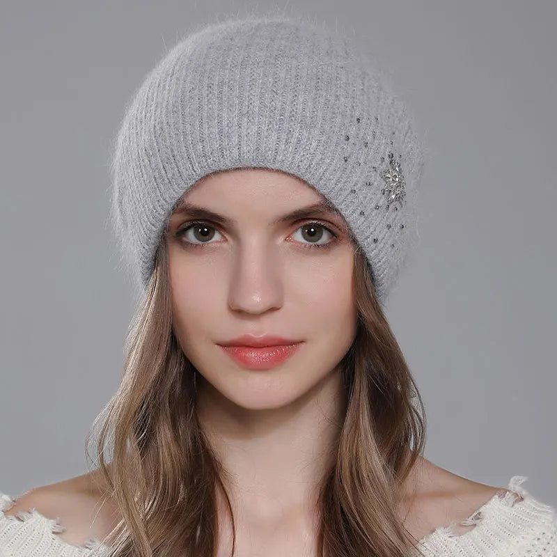 Women Winter Warm Fashion With Diamond Flower Beanies Knitted Angora Long Rabbit Fur Hats