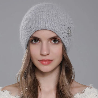 Women Winter Warm Fashion With Diamond Flower Beanies Knitted Angora Long Rabbit Fur Hats