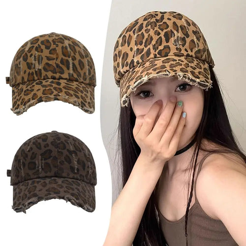 Retro Distressed Leopard Print Baseball Hat Adjustable