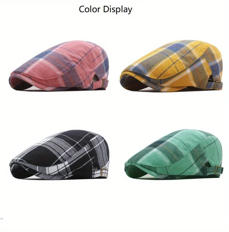 Men's Plaid Pattern Flat Cap Newsboy Hat Women Beret