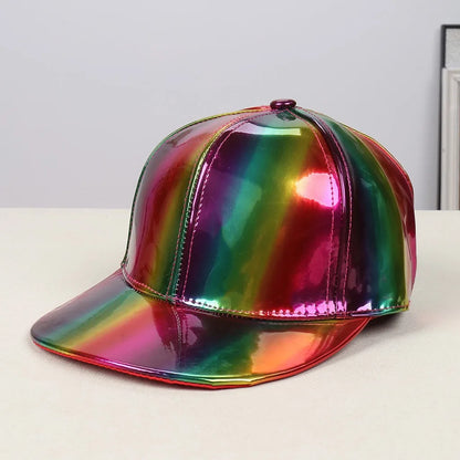 Adjustable Shiny Hat Breathable Holographic Pu Leather Baseball Cap