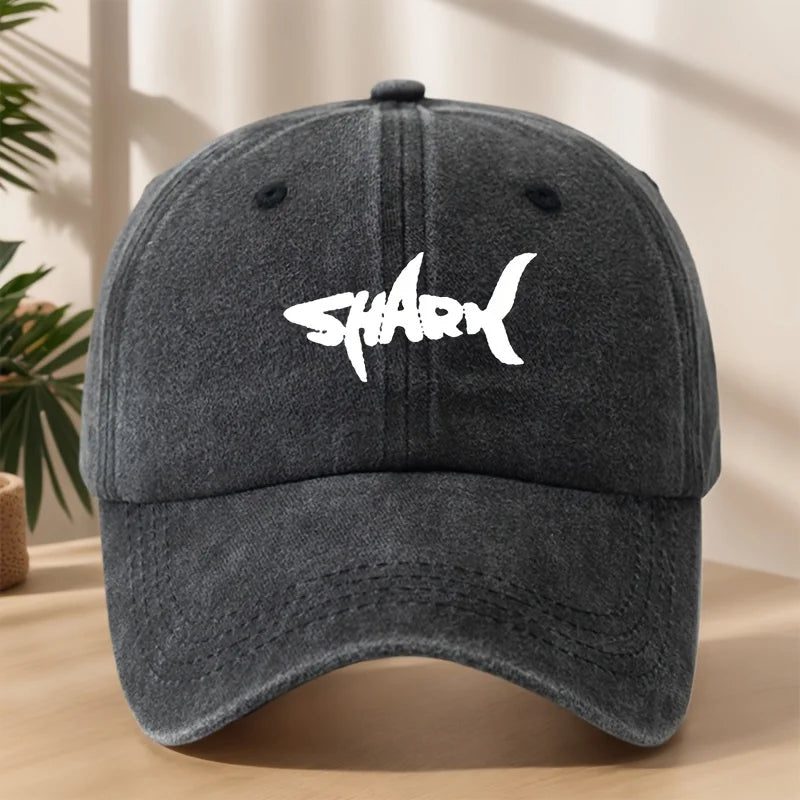 Men's Shark Patterned Baseball Cap with Washed Retro Design Suitable