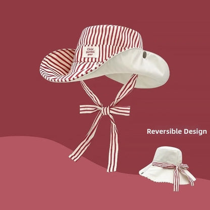 New Wide Brim Reversible Bucket Hat UV Protection Foldable Striped Sun Hat