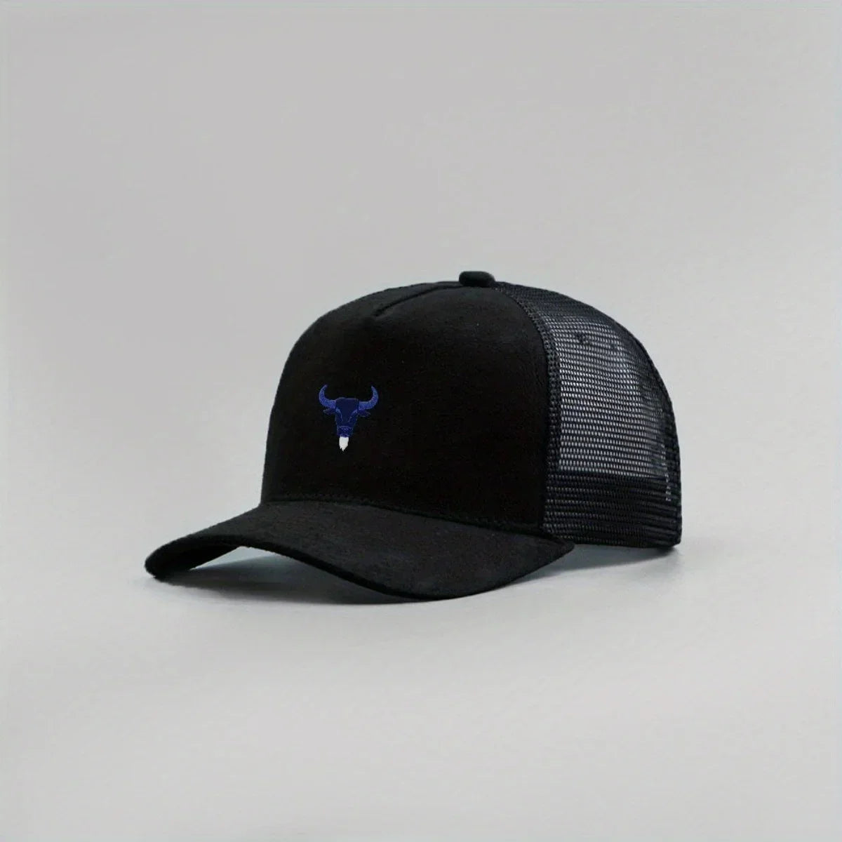 Blue Bull Head Print Unisex Mesh Suede Trucker Hat Spring Summer