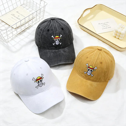 Anime Washed Denim Hats Cosplay Adult Unisex Cap Cartoon Embroidery Luffy Peripheral Fashion  Beanie Hat