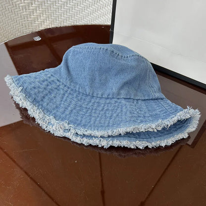 Vintage Denim Bucket Hat Distressed Frayed Brim