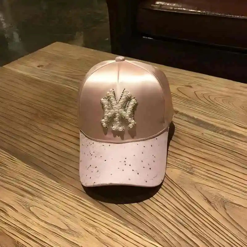2026 New Luxury Y2K Glitter Baseball Cap – Pearl NY Logo Satin Snapback