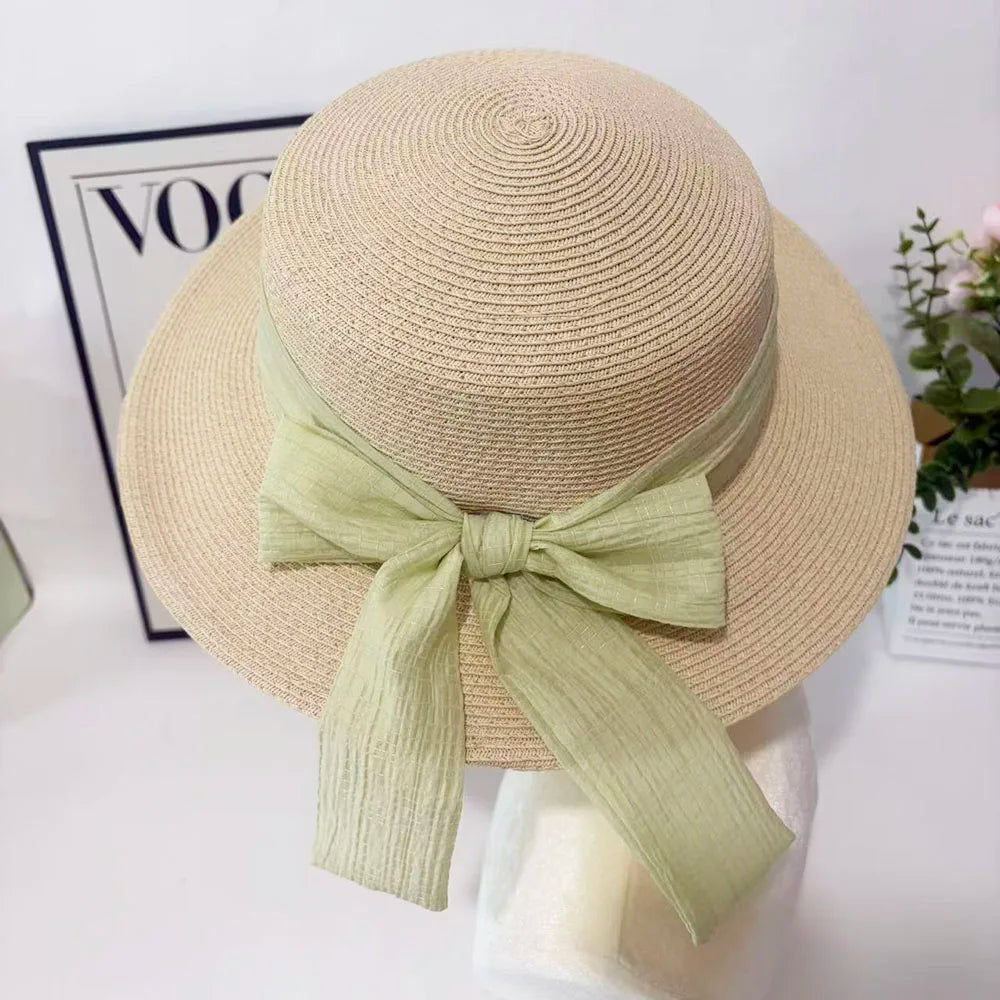 Bow Ribbon Flat Top Straw Hat For Women Summer Woven Straw Sun Hat