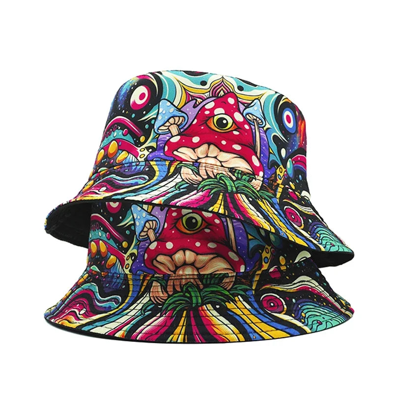 Bucket Hat Cartoon Mushroom Psychedelic Print Pattern Fisherman Hats Double Sides Caps