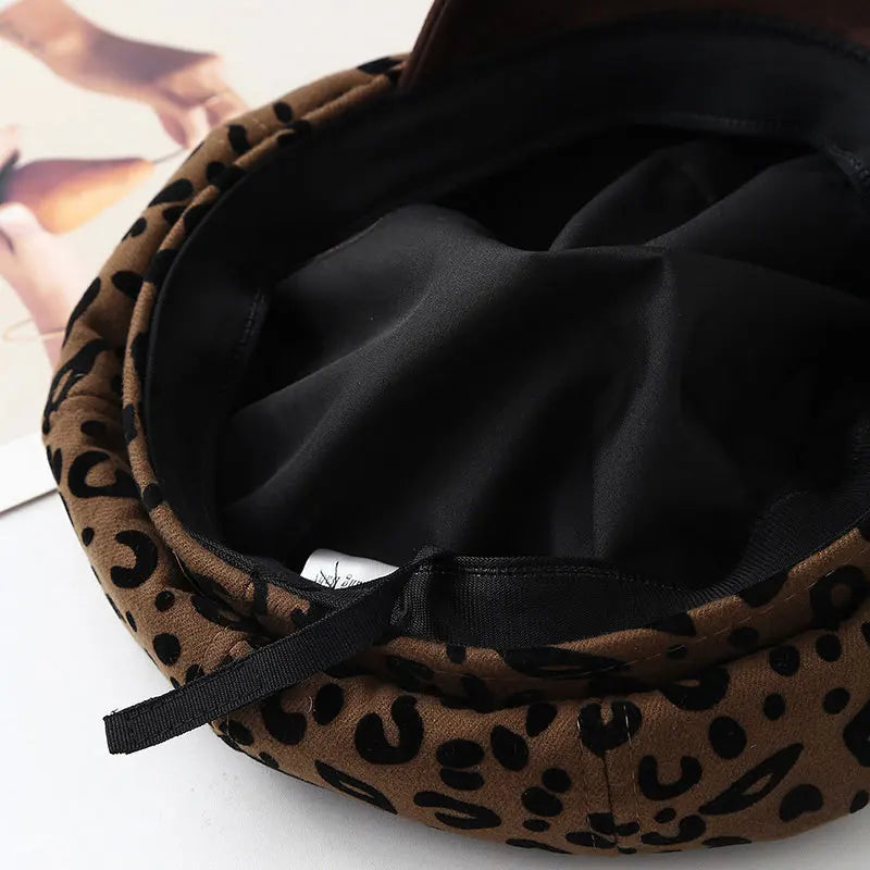 Retro Leopard Print Wide Brim Beret Vintage Painter Cap Hats