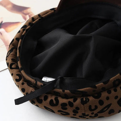 Retro Leopard Print Wide Brim Beret Vintage Painter Cap Hats