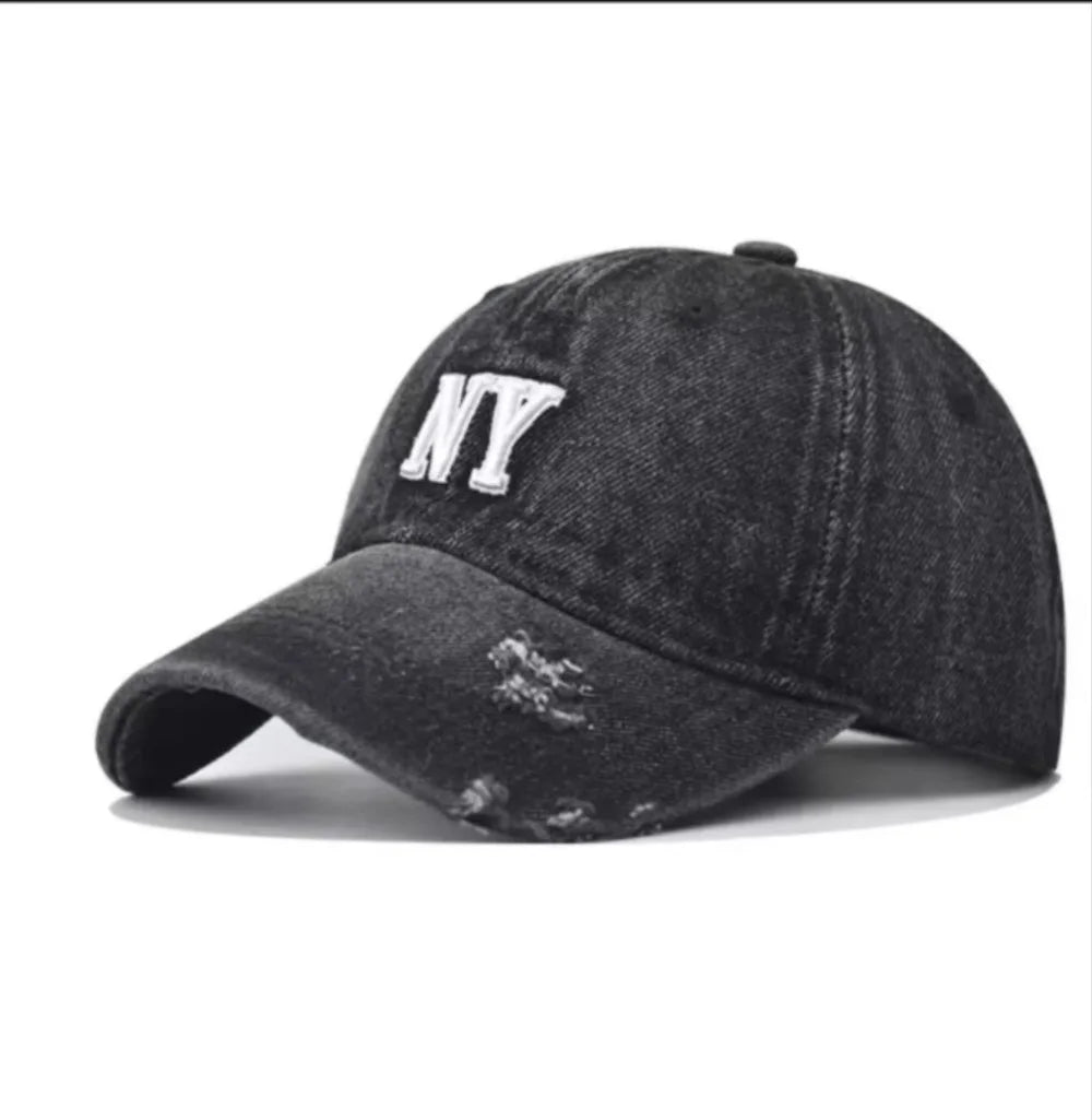 Street Retro-Style Embroidered Three-Dimensional NY Lettered Distressed Denim Baseball Cap