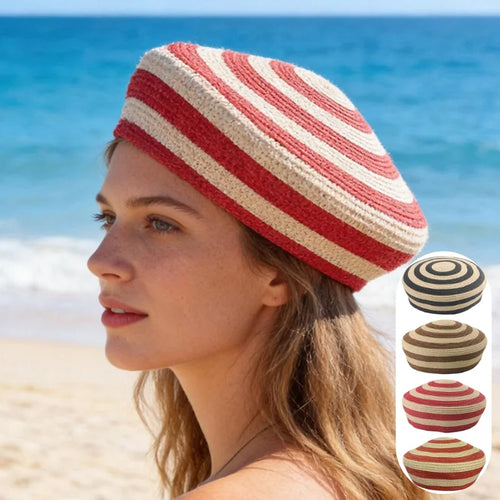 2026 New Striped Paper Straw Beret For Women