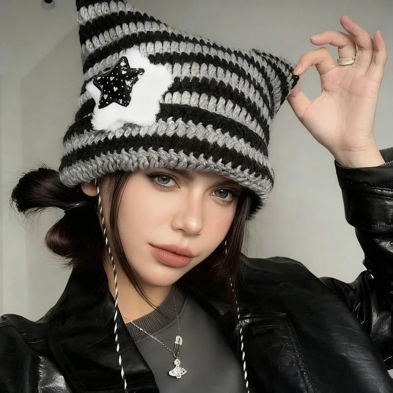 Cute Cat Ears Beanie Hat For Women Winter Striped Korean