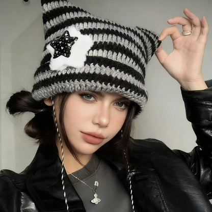 Cute Cat Ears Beanie Hat For Women Winter Striped Korean
