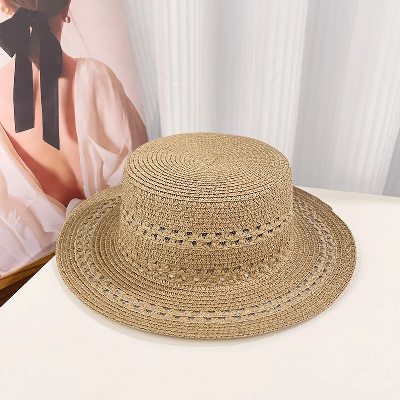 Woven Flat-Top Straw Hat For Women Summer