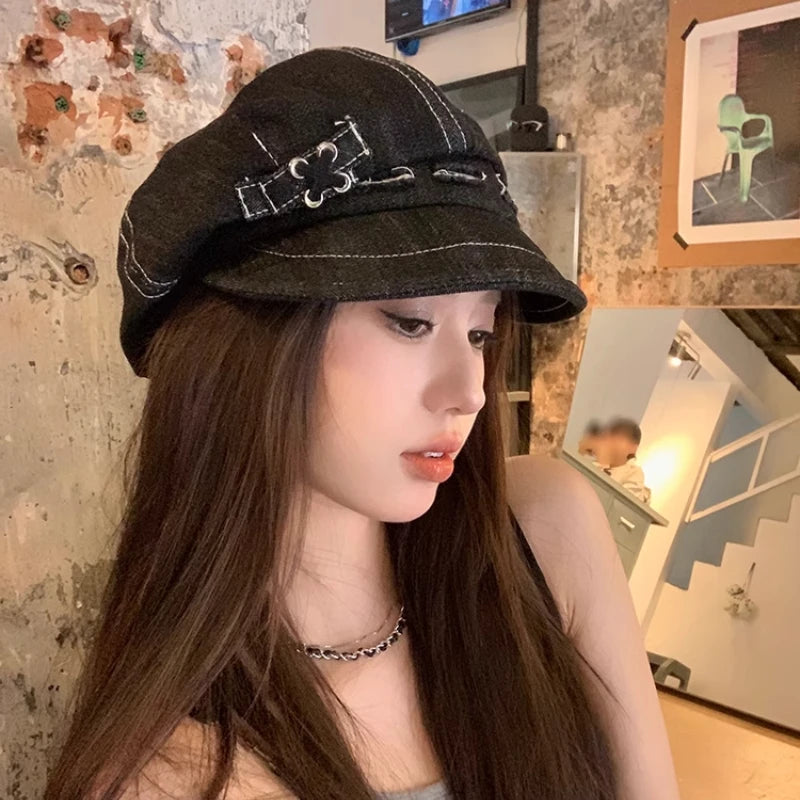 Y2k Personalized Hole Design Denim Newsboy Hats For Women And Men Spring Summer