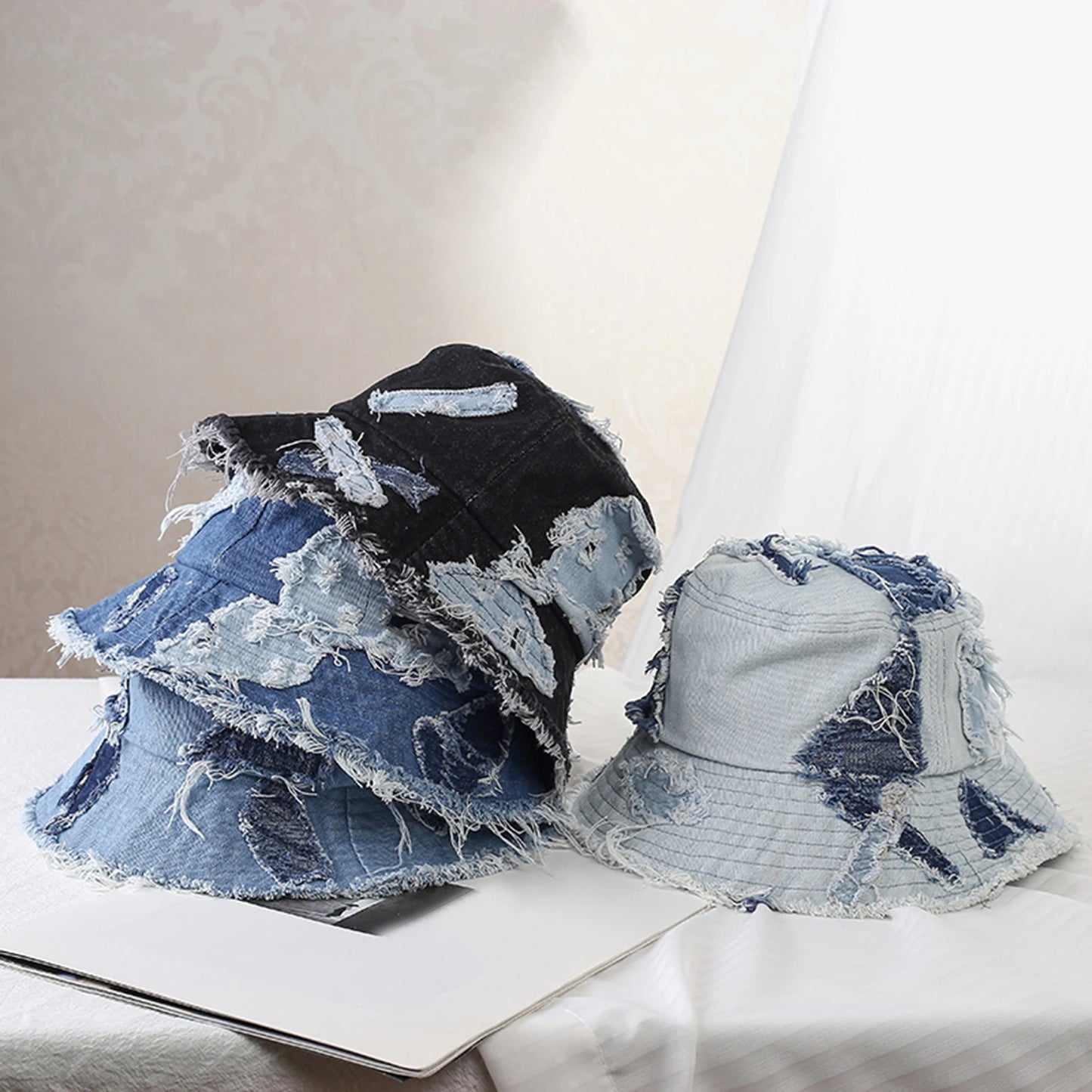 Women Men Vintage Bucket Hats Denim Raw Hem Ripped Sun Hat