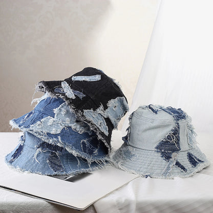 Women Men Vintage Bucket Hats Denim Raw Hem Ripped Sun Hat