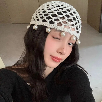 Fashion Round Beads Knitted Hat Crochet Pearl Fringed Woven For Women