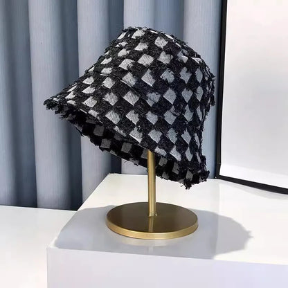 Hairy Checkered Denim Hat for Female Niche