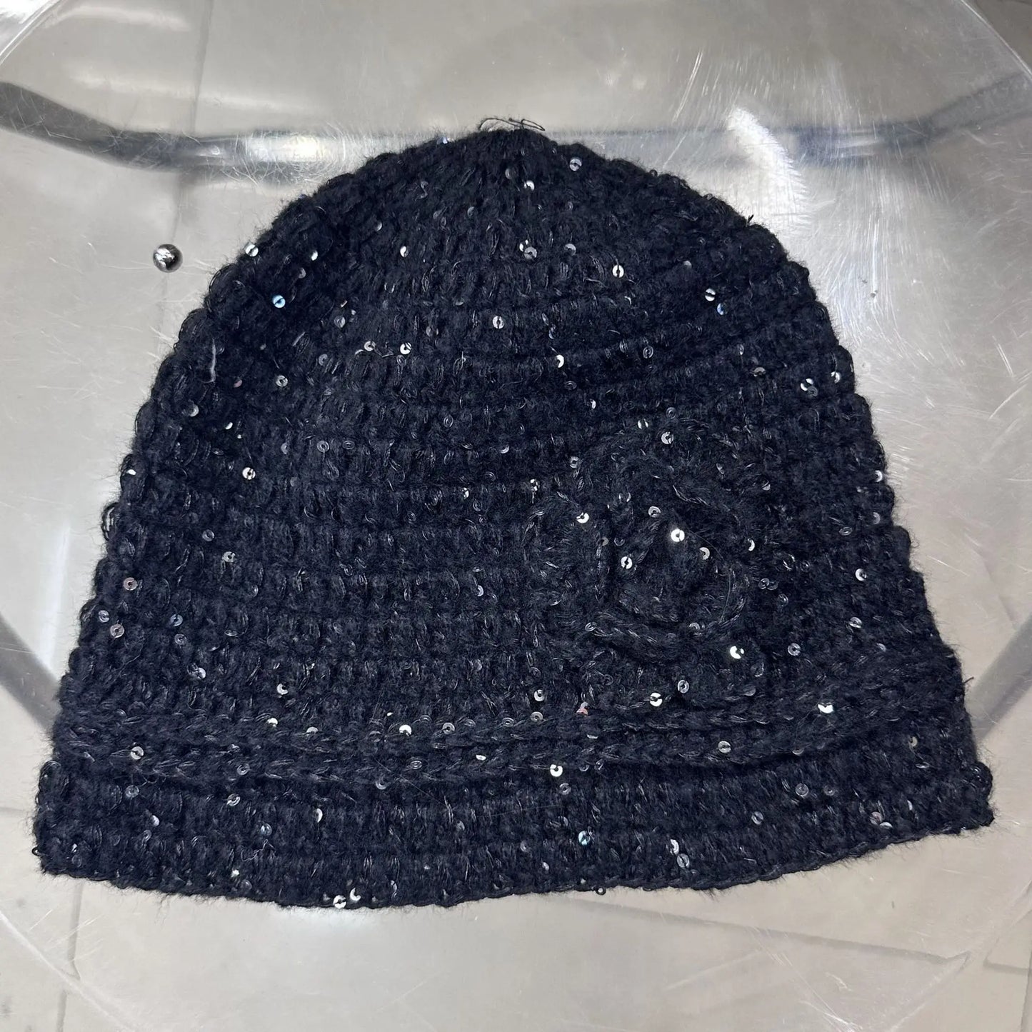 New Handmade Crochet Winter Beanies Hat For Women Solid Flower Sequin Skull Cap