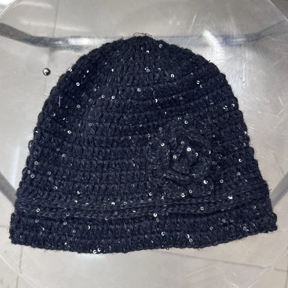 New Handmade Crochet Winter Beanies Hat For Women Solid Flower Sequin Skull Cap