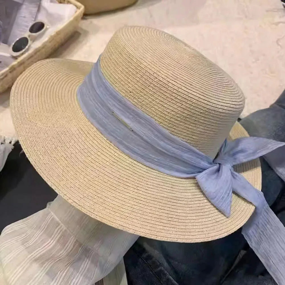 Bow Ribbon Flat Top Straw Hat For Women Summer Woven Straw Sun Hat