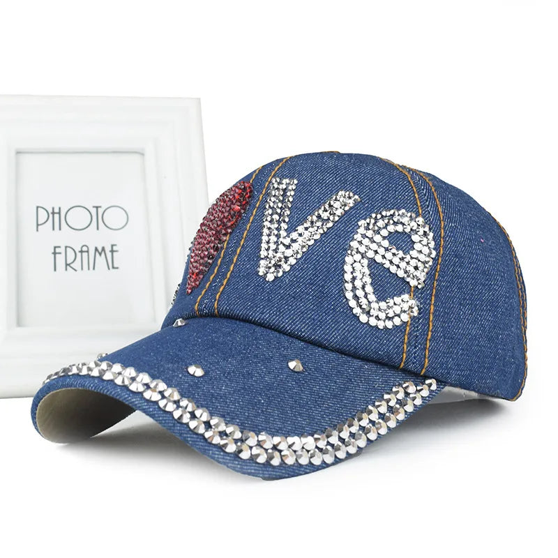 New Women Washed Denim Rhinestone Crown Baseball Cap