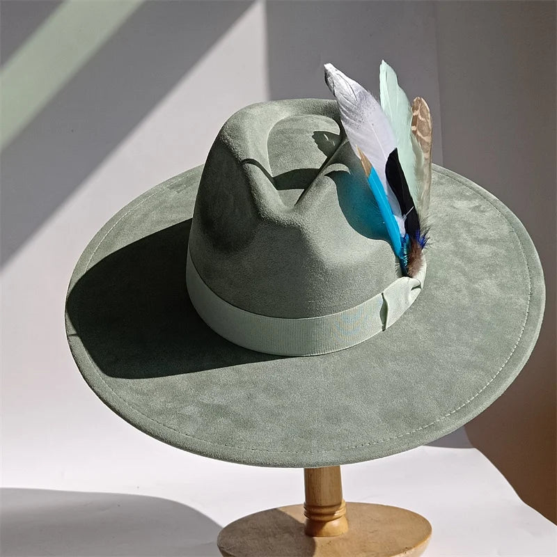 Yellow Bow Feather Suede Top Hat Wide Brim Fedora Hat