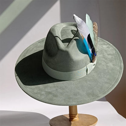Yellow Bow Feather Suede Top Hat Wide Brim Fedora Hat