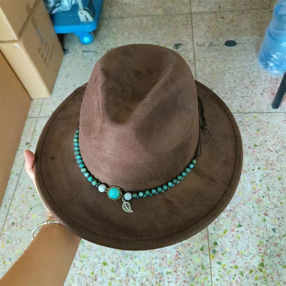 Retro Suede Fedora With Belt Men Western Jazz Hat Vegan Suede Top Hat