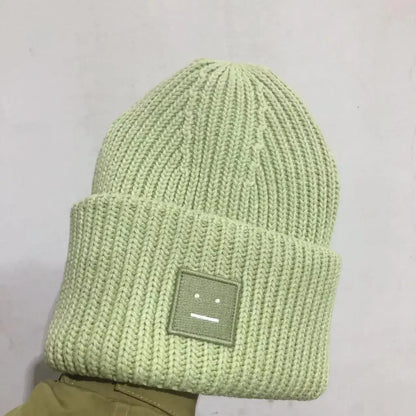 Warm And Cozy Knitted Beanie With Square Labels - Scandinavian Style Wool
