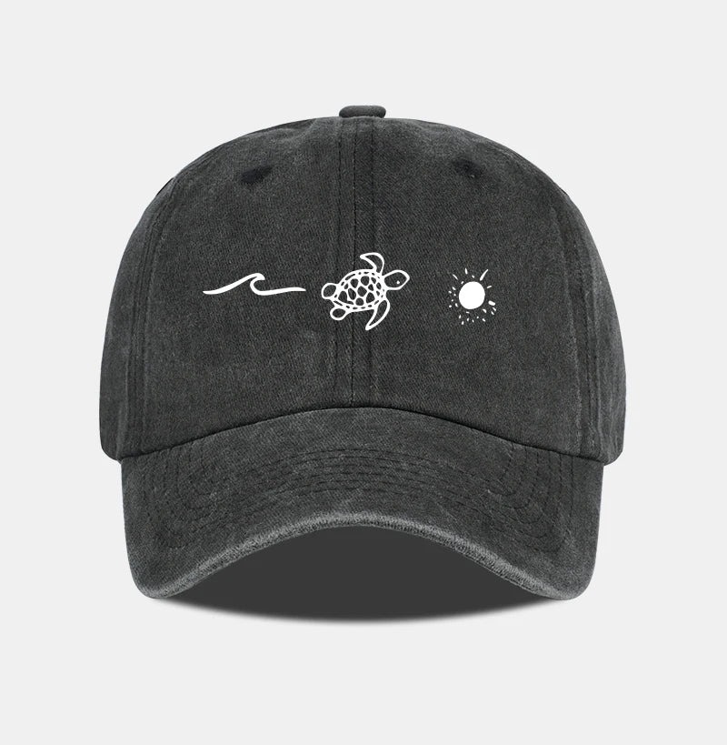 Retro Washed Baseball Cap With Wave Turtle and Sun Print Unisex Adjustable Dad Cap Summer Beach Sun Hat