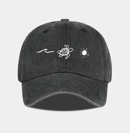 Retro Washed Baseball Cap With Wave Turtle and Sun Print Unisex Adjustable Dad Cap Summer Beach Sun Hat