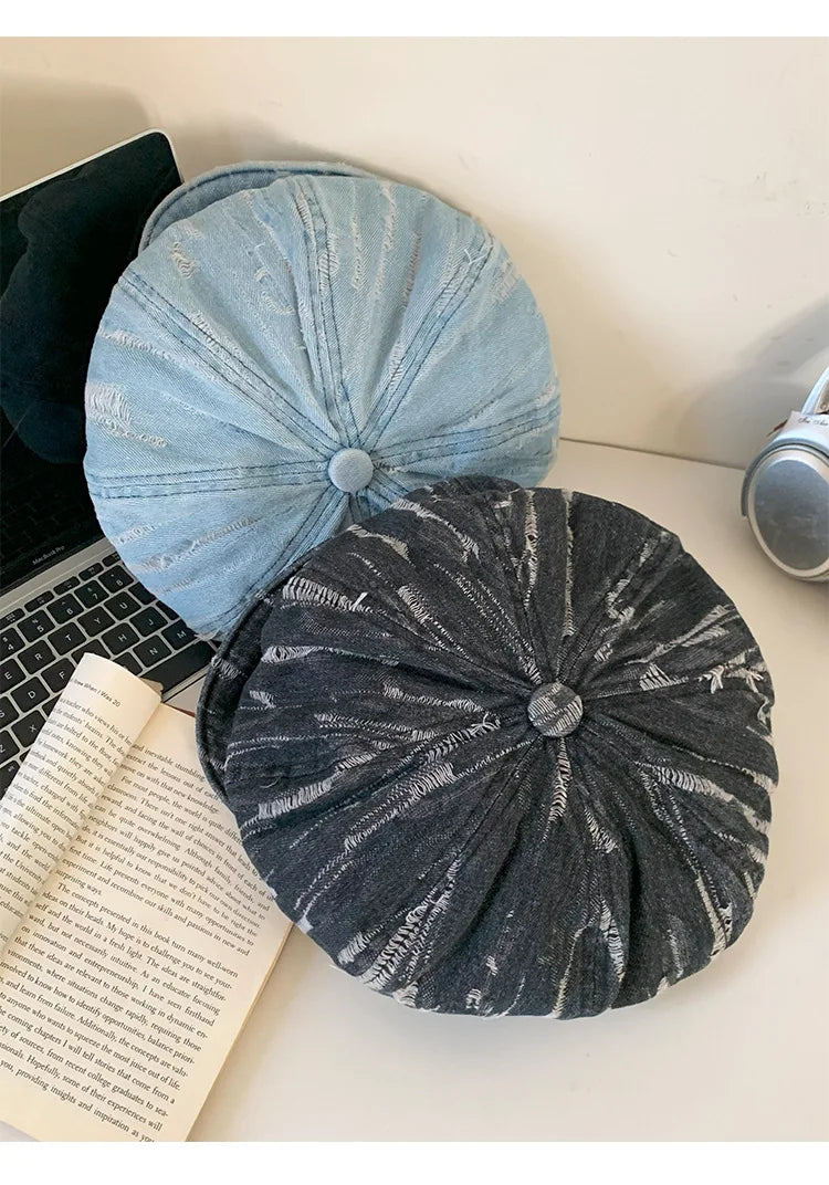 Women's Vintage Washed Denim Cloud Berets Octagonal Retro Cap