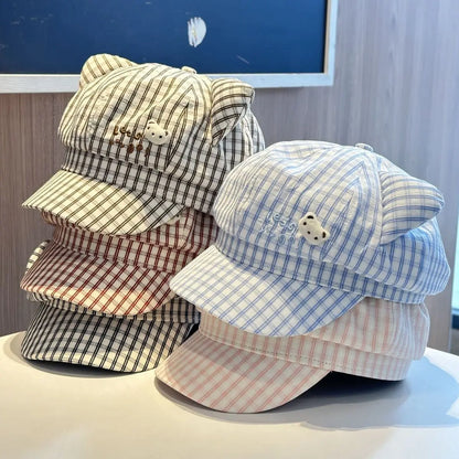 Cat Ear Plaid Newsboy Cap Y2k Aesthetic For Women Kawaii Octagonal Painter Hat Street Snap Sweet Girl Cap