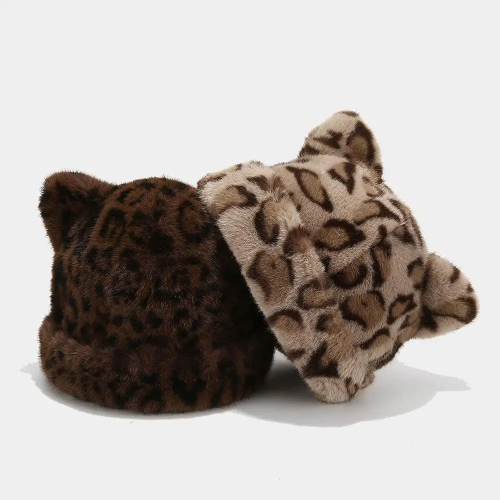 Winter Plush Teddy Bear Hat For Women Leopard Print Ear Protection Cap