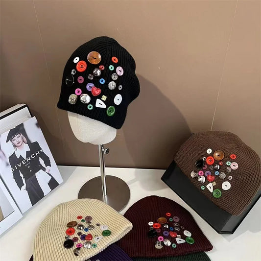 Korean Designer Colorful Button Beanies Wool Hat