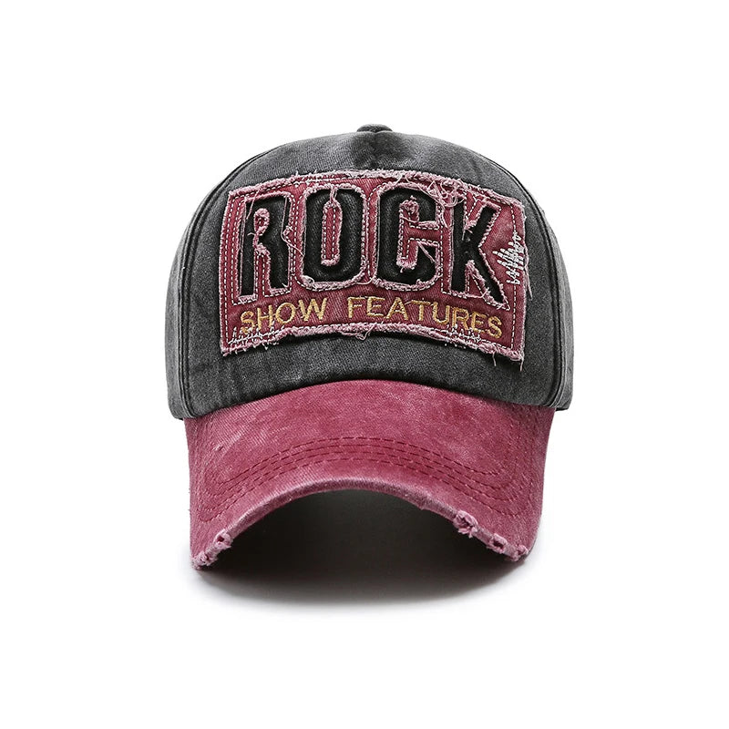 Rock Letters Embroidered Patch Ripped Brushed Washed Distressed Design Style Baseball Cap