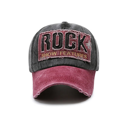 Rock Letters Embroidered Patch Ripped Brushed Washed Distressed Design Style Baseball Cap