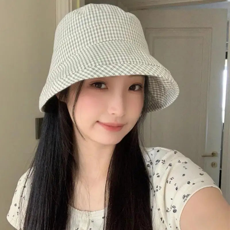 Fashion Summer Plaid Bucket Cap Curled Bow Plaid Sun Hat