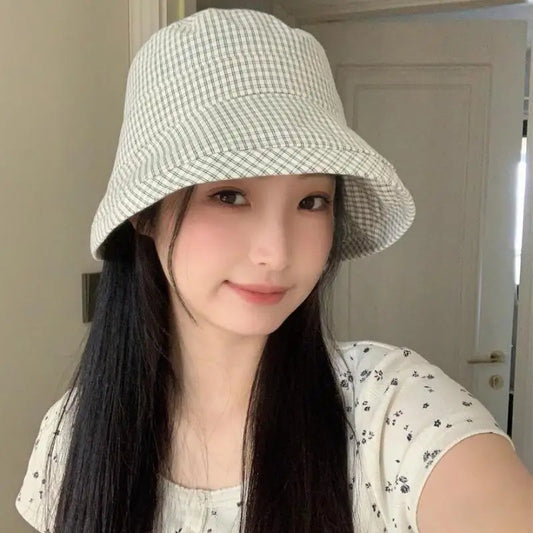 Fashion Summer Plaid Bucket Cap Curled Bow Plaid Sun Hat