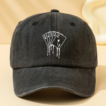Poker Card Printed Washed Baseball Cap for Vacation, Travel, Camping and Leisure