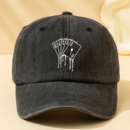 Poker Card Printed Washed Baseball Cap for Vacation, Travel, Camping and Leisure